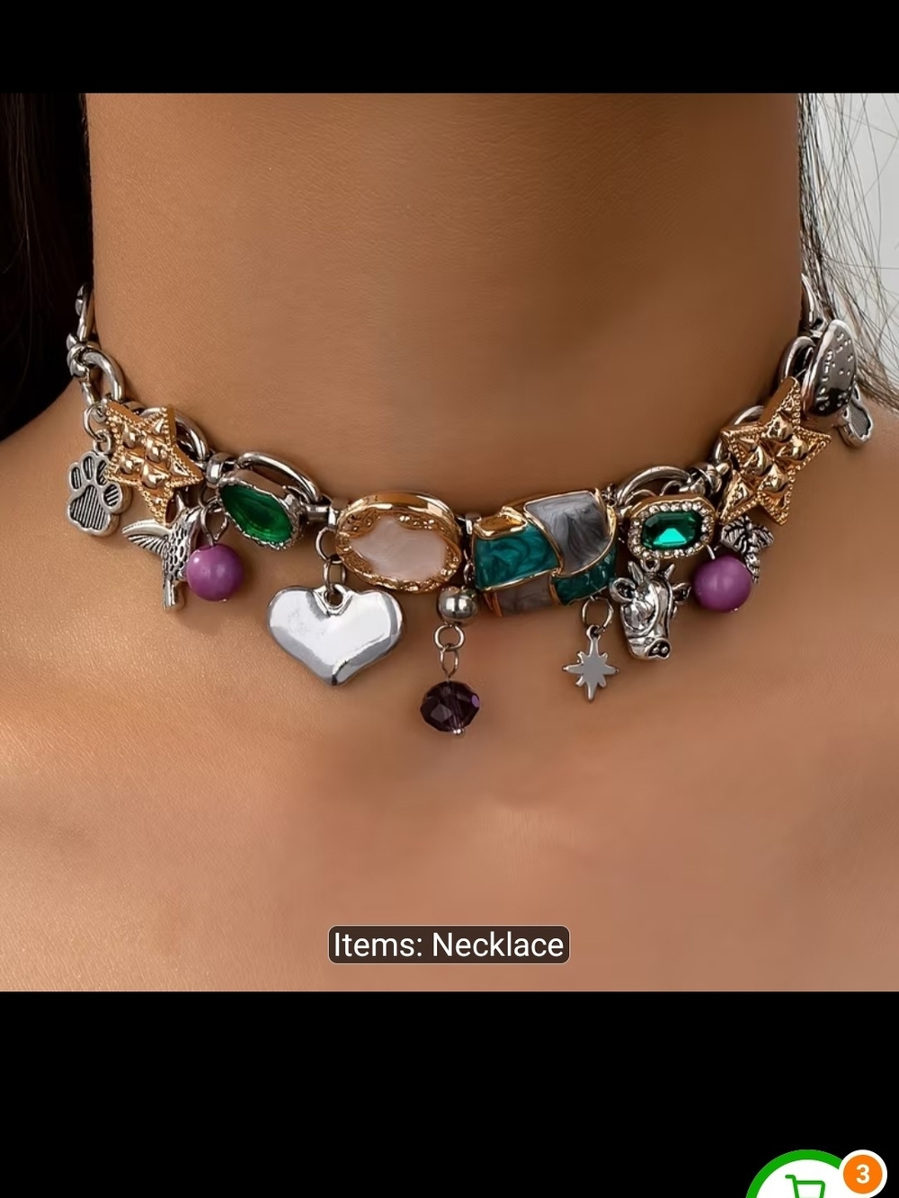 Y2K Mixed Metal Charm Choker Necklace with Green and Purple Accents